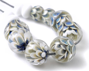Lampwork Petal Beads in Light Blue and White, Handmade Beads for Jewellery