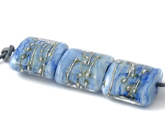 Square Silvered Blue Lampwork Glass Bead Set