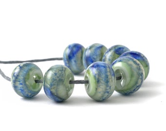 Mottled Blue Green Lampwork Glass Beads Handmade for Jewellery Making