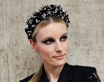 Crystal & Pearl Headband, silver padded headband, met gala headpiece, halo, black crystal headband, unique headpiece, couture headpiece