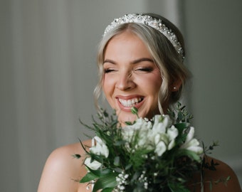 Wedding headband with crystals, pearl bridal headband, white pearl and crystal headband, silk headband, wedding headpiece, couture headband