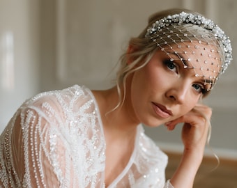 Pearl Headband with Crystals. Silver headband, wedding headpiece, bridal couture headband, crystal headband, white pearl headband