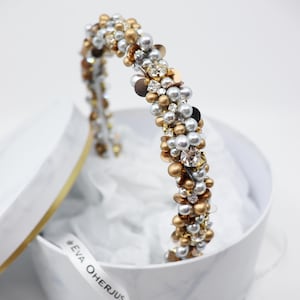 Gold & SilvHeadband with crystals, Pearl and Crystal Headband, Bridal Beaded Headband, White Pearl Headband, Wedding Headband, Thin Headband