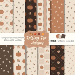 Op de afbeelding: Een verzameling van 12 digitale patronen met een herfstthema. De patronen bevatten pompoenen, bloemen en andere herfstgerelateerde ontwerpen in tinten bruin, beige en oranje. De tekst "Falling For Autumn" wordt weergegeven op een decoratieve banner.