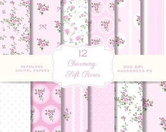 Shabby Chic Pink Roses Floral Pattern Digital Paper Preppy Seamless Scrapbooking Grand Millenial Vintage Junk Journal Coquette Paper Pack