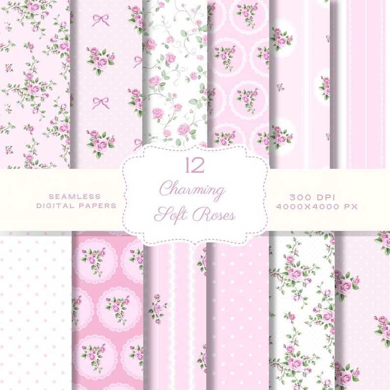 Puede incluir: Una colecci&oacute;n de doce papeles digitales sin costuras con dise&ntilde;os de rosas suaves. Los dise&ntilde;os presentan fondos rosas con arreglos florales, lazos, lunares y bordes de encaje. El texto dice "Charming Soft Roses".