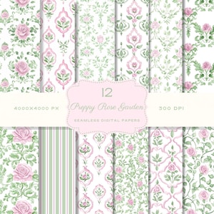 Watercolor Preppy Pink Rose Seamless Pattern Grandmillenial Invite Digital Paper Vintage Pastel Scrapbook Paper Pack Junk Journal