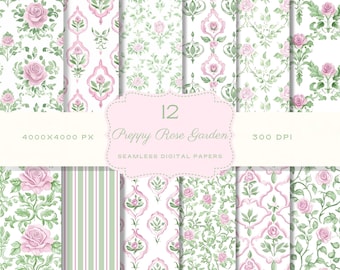 Acuarela Preppy Rosa Rosa Patrón Sin Costuras Invitación Grandmillenial Papel Digital Papel de Álbum de Recortes Pastel Vintage Diario Basura