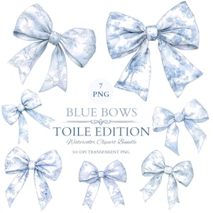 Clipart di fiocchi blu Coquette per neonati, cameretta dei bambini, toile vintage, acquerello francese, fiocco blu decorativo, sublimazione PNG