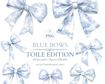 Coquette Blue Bows Clipart Baby Boy Nursery Toile Vintage French Watercolor Decorative Blue Bow Sublimation PNG