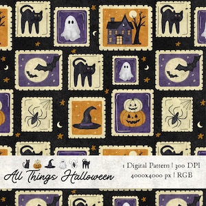May include: A repeating pattern of Halloween-themed postage stamps. The stamps depict a black cat, ghost, haunted house, bat, spider, witch's hat, and jack-o'-lantern. The words "All Things Halloween" are at the bottom of the image.