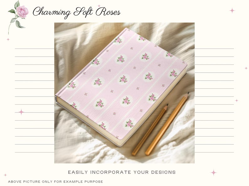 Puede incluir: Un cuaderno rosa con un dise&ntilde;o floral y el texto "Charming Soft Roses". Dos l&aacute;pices dorados descansan junto al cuaderno. La cubierta presenta un patr&oacute;n repetitivo de rayas rosas y medallones florales. Tambi&eacute;n se ve el texto "EASILY INCORPORATE YOUR DESIGNS".