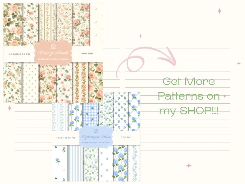 Puede incluir: Paquetes de papel digital con patrones florales y de hortensias. El paquete "Vintage Florals" incluye dise&ntilde;os con rosas, mientras que "Hydrangeas Blue" ofrece patrones florales y de cuadros azules. La imagen tambi&eacute;n incluye el texto "Get More Patterns on my SHOP!!!".
