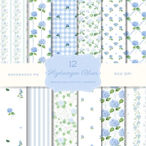 Watercolor Blue Floral Digital Seamless Pattern Junk Journal Hydrangea Flower Scrapbook Paper Printable Pack Wedding Invite Baby Nursery