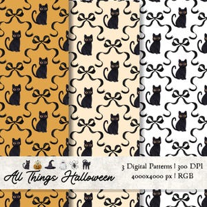 May include: Three digital Halloween patterns featuring black cats and bows on orange, cream, and white backgrounds. The text "All Things Halloween" is at the bottom, along with pattern details.