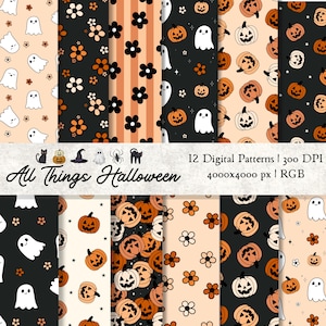 Op de afbeelding: Een verzameling van 12 digitale Halloween-patronen. De patronen bevatten geesten, pompoenen, bloemen en strepen in zwart, oranje en crème kleuren. De tekst "All Things Halloween" staat onderaan.