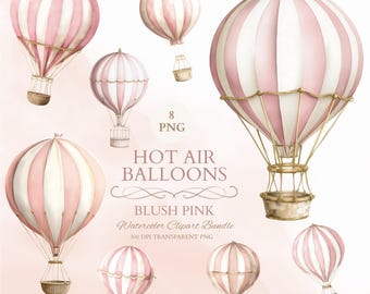 Imágenes de globos aerostáticos para guardería, impresiones de globos aerostáticos rosas, fondo rosa para baby shower, arte de pared y paquete de invitación digital.