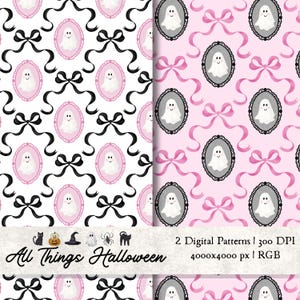 Op de afbeelding: Twee digitale Halloween-patronen. Eén heeft een witte achtergrond met roze ovale frames met spookillustraties, zwarte strikken en linten. De andere heeft een roze achtergrond met grijze ovale frames, roze strikken en linten. De tekst luidt "All Things Halloween".