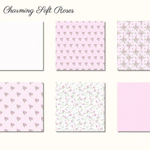 Puede incluir: Seis patrones cuadrados con dise&ntilde;os florales en rosa y blanco. Los patrones presentan peque&ntilde;as flores rosas, lunares y otros motivos florales. El texto "Charming Soft Roses" se muestra en la parte superior de la imagen.