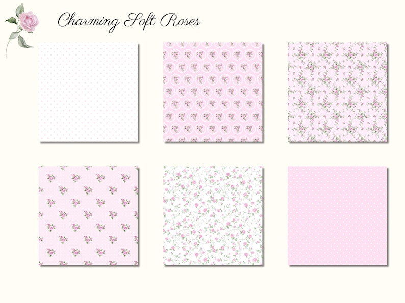 Puede incluir: Seis patrones cuadrados con dise&ntilde;os florales en rosa y blanco. Los patrones presentan peque&ntilde;as flores rosas, lunares y otros motivos florales. El texto "Charming Soft Roses" se muestra en la parte superior de la imagen.