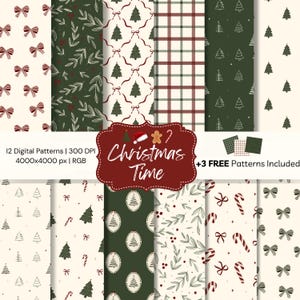 Può includere: Una collezione di 12 modelli digitali a tema natalizio, con disegni festivi come fiocchi, alberi di Natale e quadri. I modelli sono nei toni del verde, del rosso e del crema, con le parole "Christmas Time" in uno striscione decorativo.
