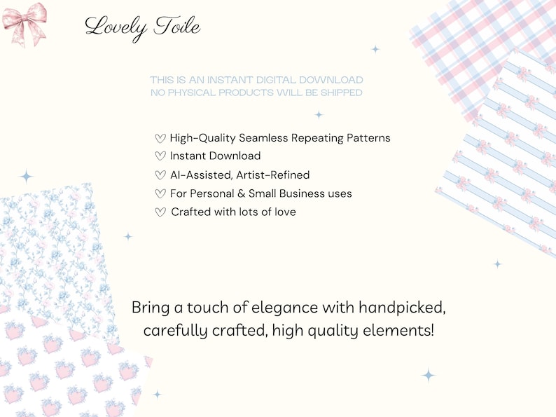 Pode incluir: Gr&aacute;fico de download digital creme com o texto "Lovely Toile" e um la&ccedil;o rosa. A imagem destaca padr&otilde;es repetitivos sem costura, downloads instant&acirc;neos e designs refinados por artistas.