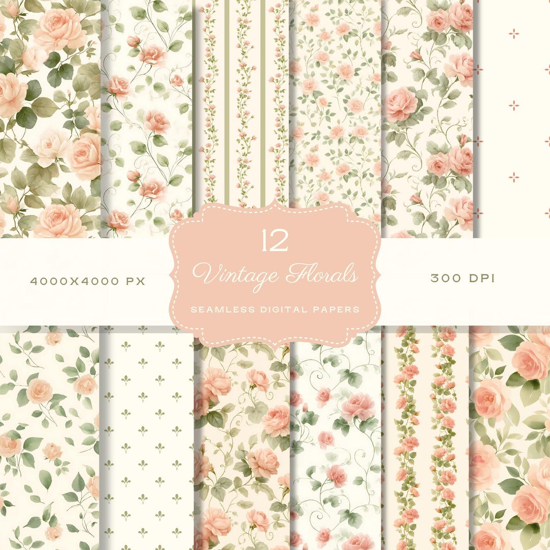Vintage Watercolor Peach Roses Floral Digital Seamless Pattern Junk ...