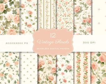 Paquete imprimible de papel para álbum de recortes de flores con diseño floral digital sin costuras de rosas color melocotón y acuarela vintage, invitaciones de boda, rosas rosas