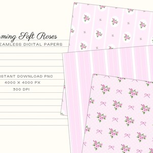 Puede incluir: Papeles digitales con tem&aacute;tica floral. La imagen muestra cuatro patrones sin costuras diferentes en tonos rosas, con rosas, rayas, lunares y lazos. El texto dice "Charming Soft Roses" y "12 Seamless Digital Papers."