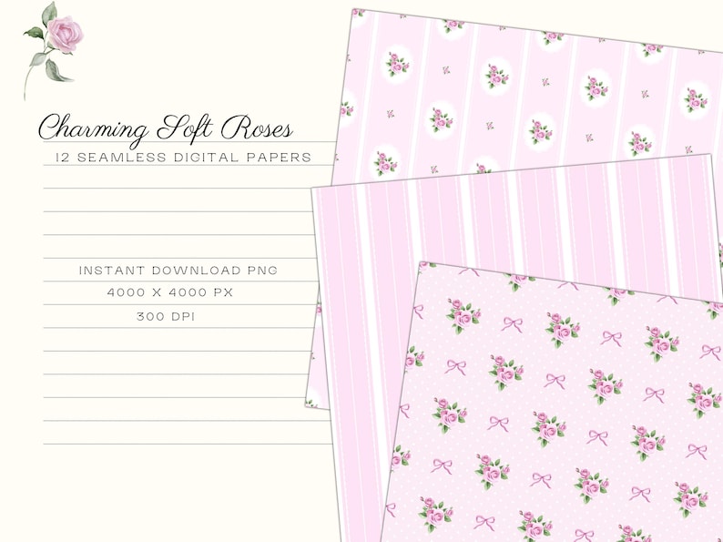 Puede incluir: Papeles digitales con tem&aacute;tica floral. La imagen muestra cuatro patrones sin costuras diferentes en tonos rosas, con rosas, rayas, lunares y lazos. El texto dice "Charming Soft Roses" y "12 Seamless Digital Papers."