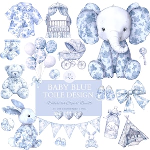 New-BabyBoy Cliparte blauwe toile de jouy coquette blauwe strik toile babyshower decor babykamerthema babyjongen