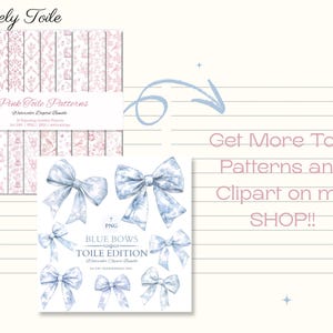 Pode incluir: Dois conjuntos de impress&otilde;es de arte digital. Um apresenta padr&otilde;es de toile rosa, e o outro la&ccedil;os azuis. O texto na imagem diz "Lovely Toile", "Pink Toile Patterns", "Blue Bows Toile Edition", e "Get More Toile Patterns and Clipart on my SHOP!!".