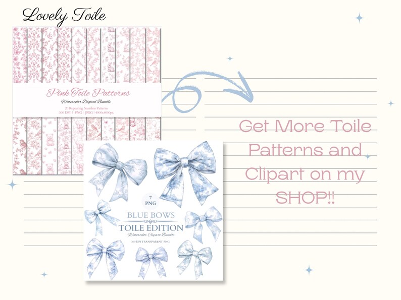 Pode incluir: Dois conjuntos de impress&otilde;es de arte digital. Um apresenta padr&otilde;es de toile rosa, e o outro la&ccedil;os azuis. O texto na imagem diz "Lovely Toile", "Pink Toile Patterns", "Blue Bows Toile Edition", e "Get More Toile Patterns and Clipart on my SHOP!!".
