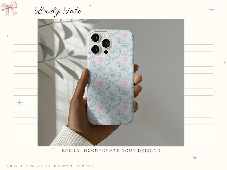 Pode incluir: Capa de telem&oacute;vel azul claro com um padr&atilde;o floral e de cora&ccedil;&atilde;o, segurada por uma m&atilde;o. A capa tem um design repetido de cora&ccedil;&otilde;es cor-de-rosa e elementos florais. O texto "Lovely Toile" est&aacute; no topo e "EASILY INCORPORATE YOUR DESIGNS" na parte inferior.