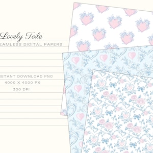 Pode incluir: Pap&eacute;is digitais com um design Lovely Toile. Os pap&eacute;is apresentam padr&otilde;es de cora&ccedil;&otilde;es rosa, la&ccedil;os e elementos florais em um fundo branco e azul claro. A imagem inclui o texto "Lovely Toile" e "12 Seamless Digital Papers".
