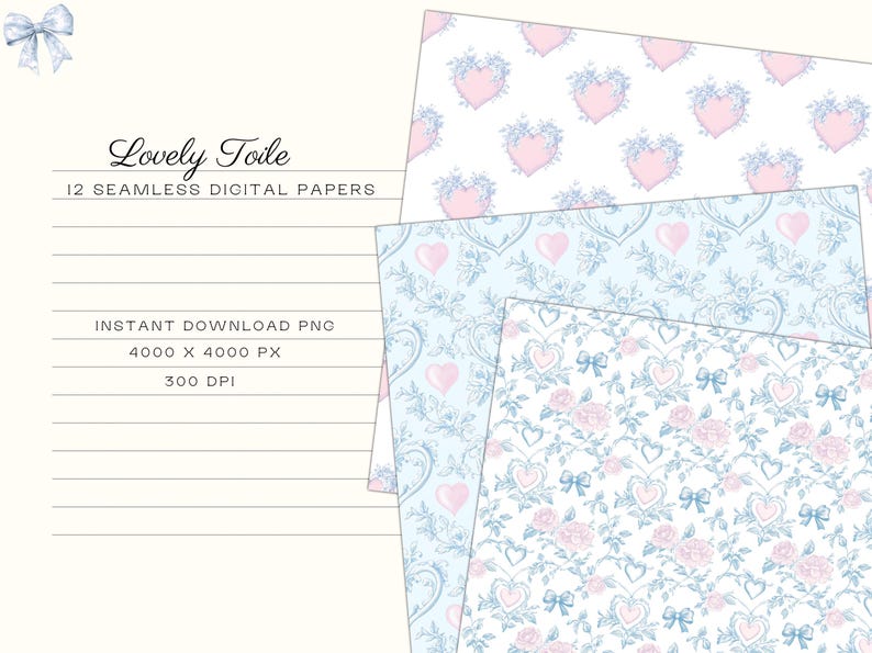 Pode incluir: Pap&eacute;is digitais com um design Lovely Toile. Os pap&eacute;is apresentam padr&otilde;es de cora&ccedil;&otilde;es rosa, la&ccedil;os e elementos florais em um fundo branco e azul claro. A imagem inclui o texto "Lovely Toile" e "12 Seamless Digital Papers".