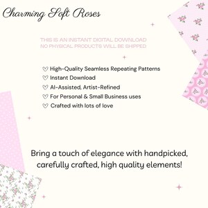 Puede incluir: Gr&aacute;fico de descarga digital con el texto "Charming Soft Roses". La imagen presenta patrones florales rosas y texto que destaca patrones sin costuras de alta calidad, descarga instant&aacute;nea y dise&ntilde;os refinados por artistas para uso personal y comercial.