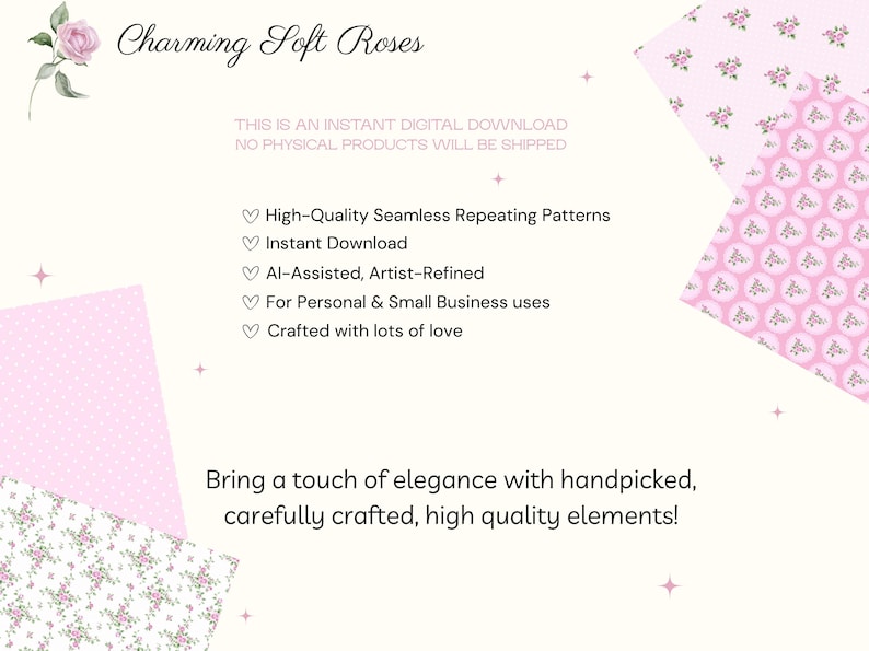 Puede incluir: Gr&aacute;fico de descarga digital con el texto "Charming Soft Roses". La imagen presenta patrones florales rosas y texto que destaca patrones sin costuras de alta calidad, descarga instant&aacute;nea y dise&ntilde;os refinados por artistas para uso personal y comercial.