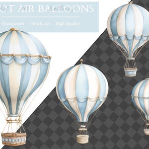 May include: A watercolour illustration featuring multiple hot air balloons in blue and cream. Each balloon has vertical stripes and a decorative basket. The text "HOT AIR BALLOONS" is at the top, with "Transparent, Neatly cut, High Quality" below.