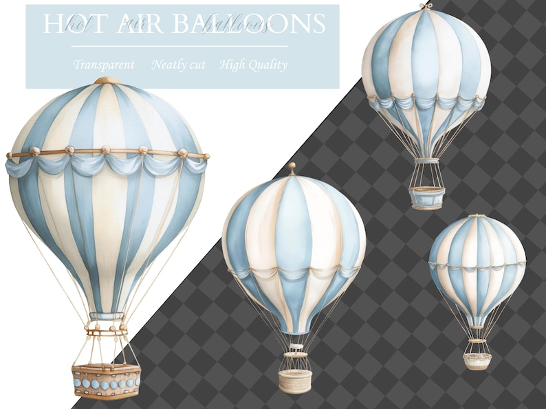 May include: A watercolour illustration featuring multiple hot air balloons in blue and cream. Each balloon has vertical stripes and a decorative basket. The text "HOT AIR BALLOONS" is at the top, with "Transparent, Neatly cut, High Quality" below.