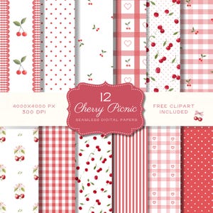 May include: A collection of 12 seamless digital papers with a cherry picnic theme. The designs include red and white patterns such as polka dots, gingham, stripes, and cherry illustrations. The image includes the text "Cherry Picnic".