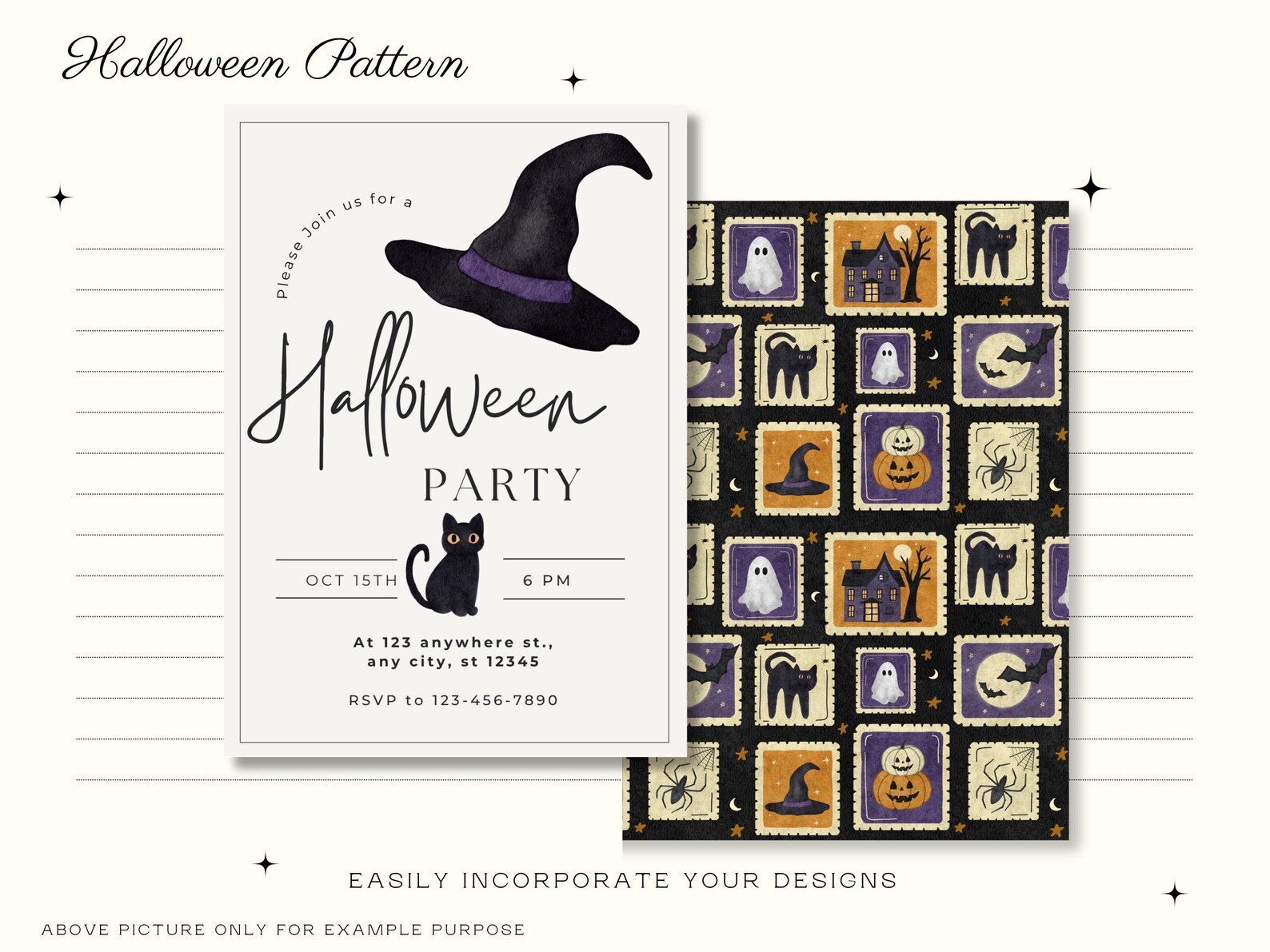 Watercolor Halloween Stamps Seamless Digital Pattern Black Cat Ghost ...