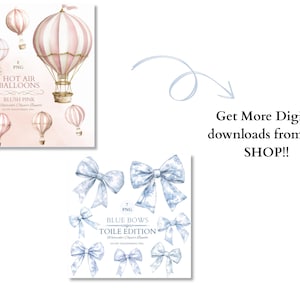 May include: Watercolour illustrations of blush pink hot air balloons and blue bows with a toile pattern. The image includes the text "Hot Air Balloons" and "Blue Bows Toile Edition".