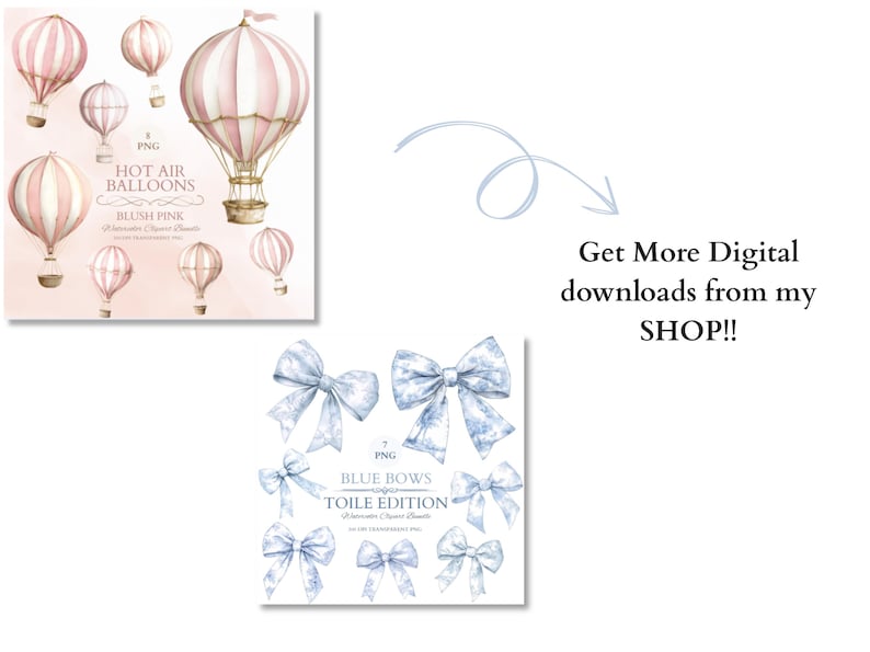 May include: Watercolour illustrations of blush pink hot air balloons and blue bows with a toile pattern. The image includes the text "Hot Air Balloons" and "Blue Bows Toile Edition".