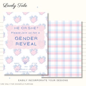 Pode incluir: Convite de revela&ccedil;&atilde;o de g&eacute;nero com um design de cora&ccedil;&atilde;o rosa e o texto "HE OR SHE? Please join us for a GENDER REVEAL". O convite inclui a data, hora e local. A parte de tr&aacute;s do convite tem um padr&atilde;o xadrez rosa e azul.