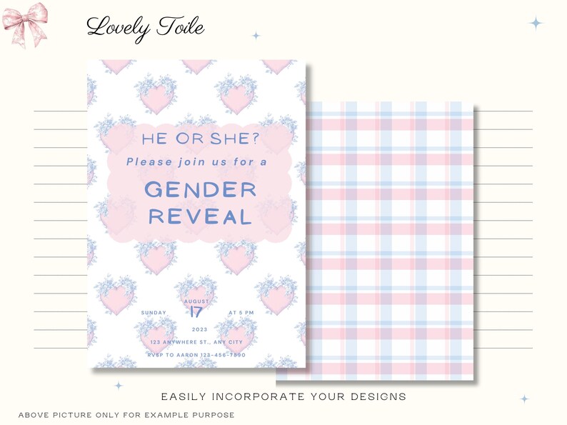 Pode incluir: Convite de revela&ccedil;&atilde;o de g&eacute;nero com um design de cora&ccedil;&atilde;o rosa e o texto "HE OR SHE? Please join us for a GENDER REVEAL". O convite inclui a data, hora e local. A parte de tr&aacute;s do convite tem um padr&atilde;o xadrez rosa e azul.