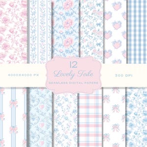 French Toile Floral Seamless Patterns Printable Paper Pack Pastell Scrapbook Papier rosa Blumenmuster blaue Blumen digitaler download