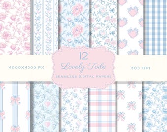 Paquete de papel imprimible con patrones florales sin costuras de Toile francés, papel para álbum de recortes en tonos pastel, patrón de flores rosas, flores azules, descarga digital