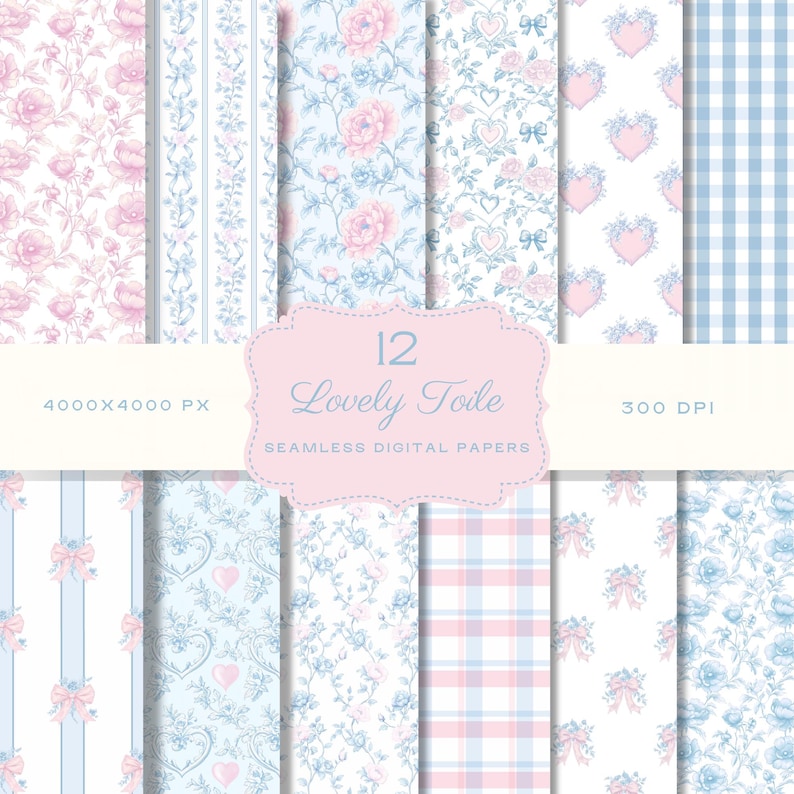 Pode incluir: Uma cole&ccedil;&atilde;o de 12 pap&eacute;is digitais sem costura com o tema "Lovely Toile". Os pap&eacute;is apresentam v&aacute;rios padr&otilde;es, incluindo desenhos florais, cora&ccedil;&otilde;es, la&ccedil;os e xadrez vichy, em tons de rosa e azul. A imagem tamb&eacute;m inclui o texto "4000x4000 PX" e "300 DPI".