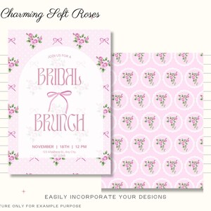 Puede incluir: Invitaci&oacute;n rosa para un brunch nupcial con detalles florales y lazos. La invitaci&oacute;n presenta el texto "Bridal Brunch" y los detalles del evento. Tambi&eacute;n se muestra un dise&ntilde;o estampado a juego. Las palabras "Charming Soft Roses" est&aacute;n en la parte superior.
